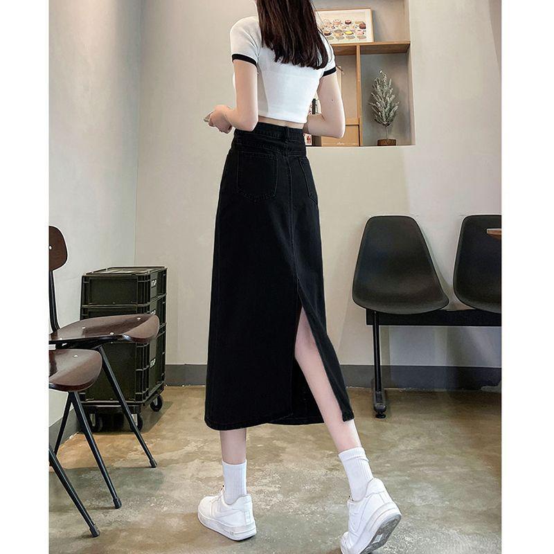 Женская черная джинсовая миди-юбка А-силуэта в стиле ретро - Приталенная модель с высокой посадкой для весны и осени 2025