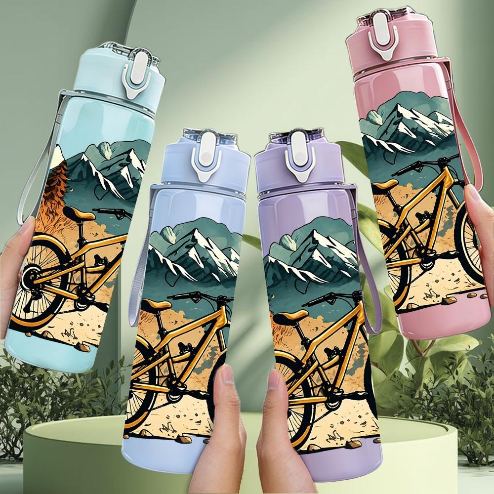 1PC Mountain Bicycle Nature Scene 750ml Color Plastic Sports Water Bottle Leakproof Flip Straw Lid Suitable for Sports Office Home Use