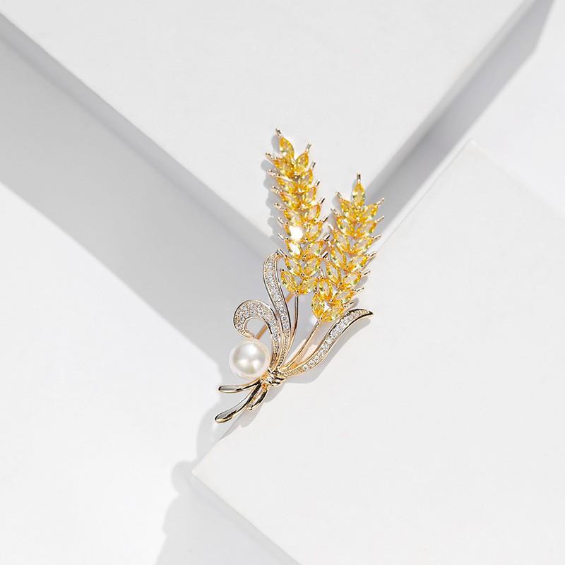 Elegant Wheat Stem Brooch Women Gold Plated Pearl Zircon Accessory Fashion Office Wear Pin
