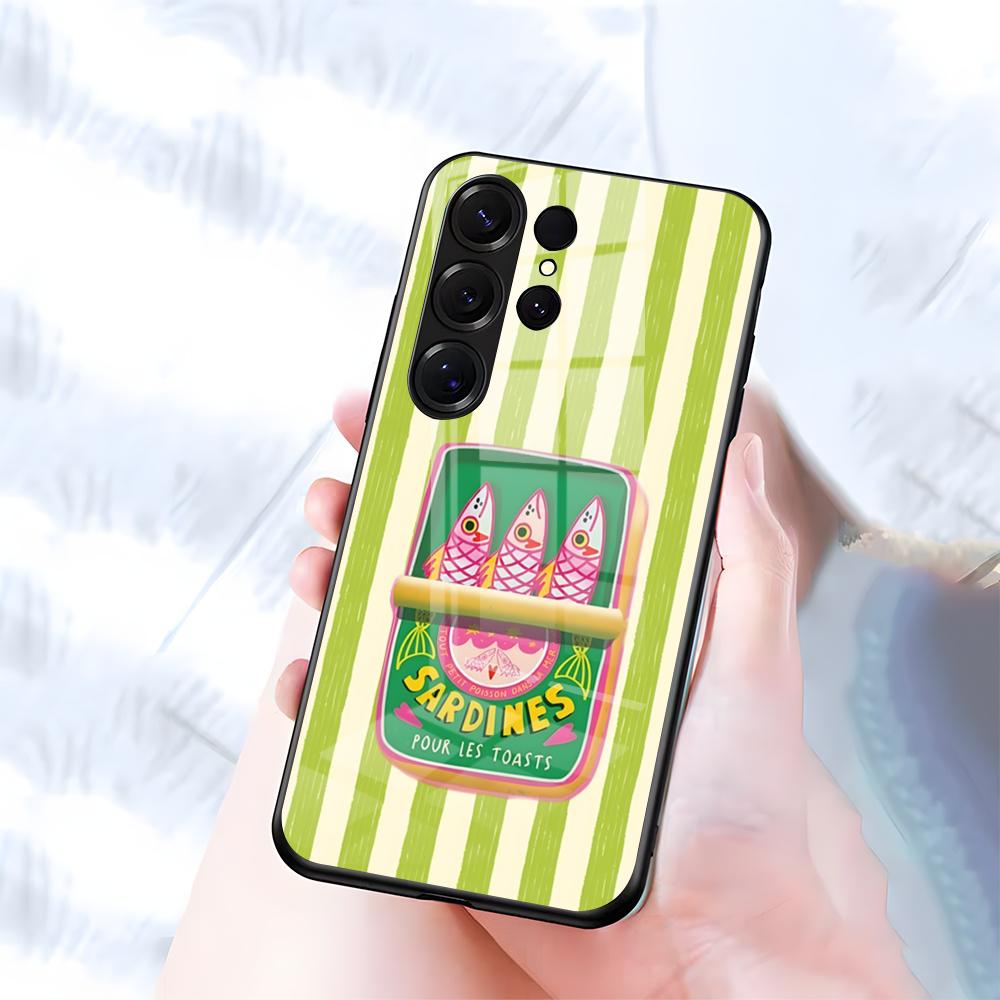 Чехол для телефона 'Банка сардин' с кленовым листом для Samsung S26 S25 S24 FE S23 S22 S21 Plus S20 Ultra Note20Ultra Черная стеклянная крышка