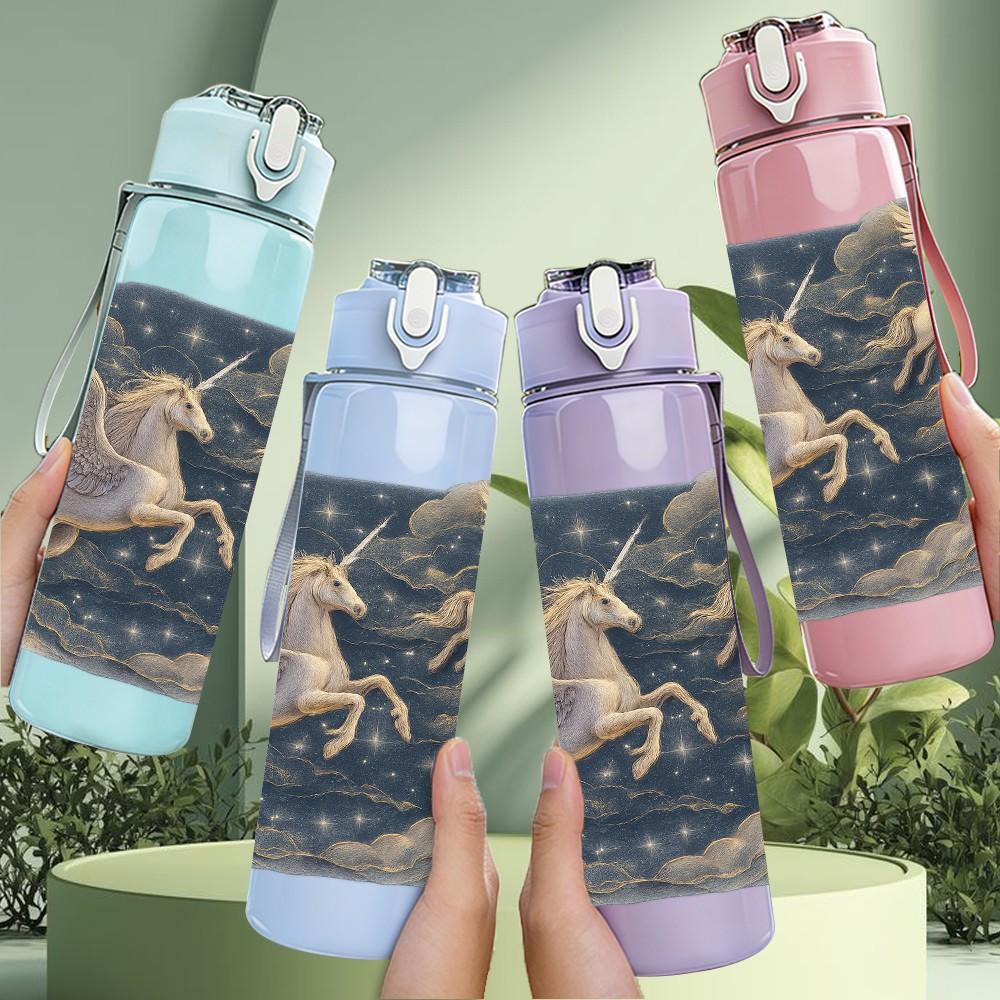 1PC Vintage Stone Lion Sculpture Print 750ml Color Plastic Sports Water Bottle Leakproof Flip Straw Lid Suitable for Sports Office Home Use