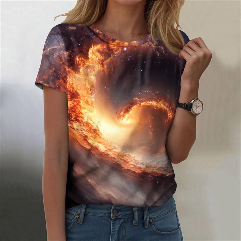 Женская мода Sky Print модная универсальная облегающая футболка с коротким рукавом
