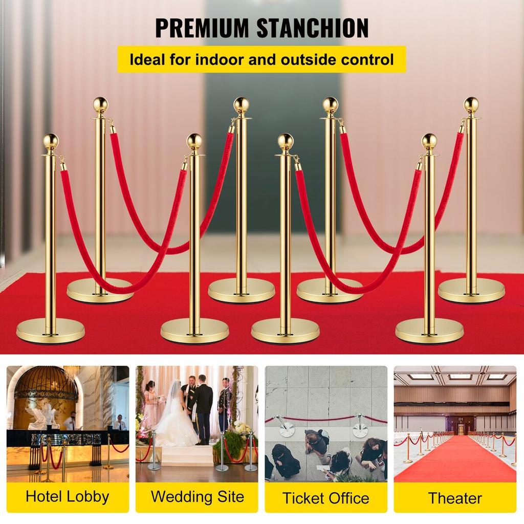 Crowd Control Stanchion, Set of 8 Pieces Stanchion Set, Stanchion Set with 5 ft/1.5 m Red Velvet Rope, Gold Crowd Control Barrier w/ Sturdy Concrete