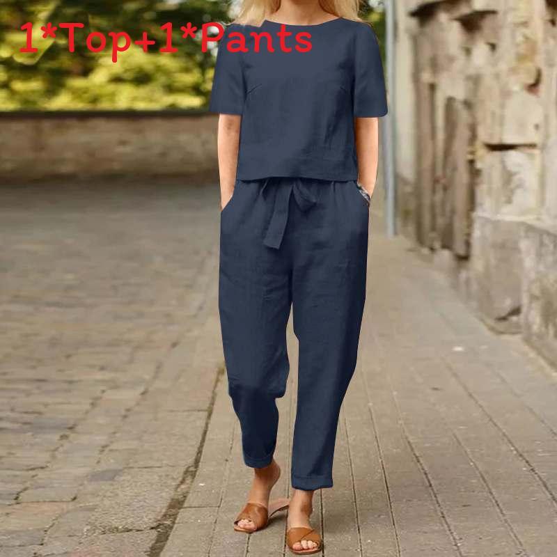 Summer Women Casual Linen Cotton Set With Short Sleeve Oneck Top And Wide Leg Pants For Comfortable Office Wear
