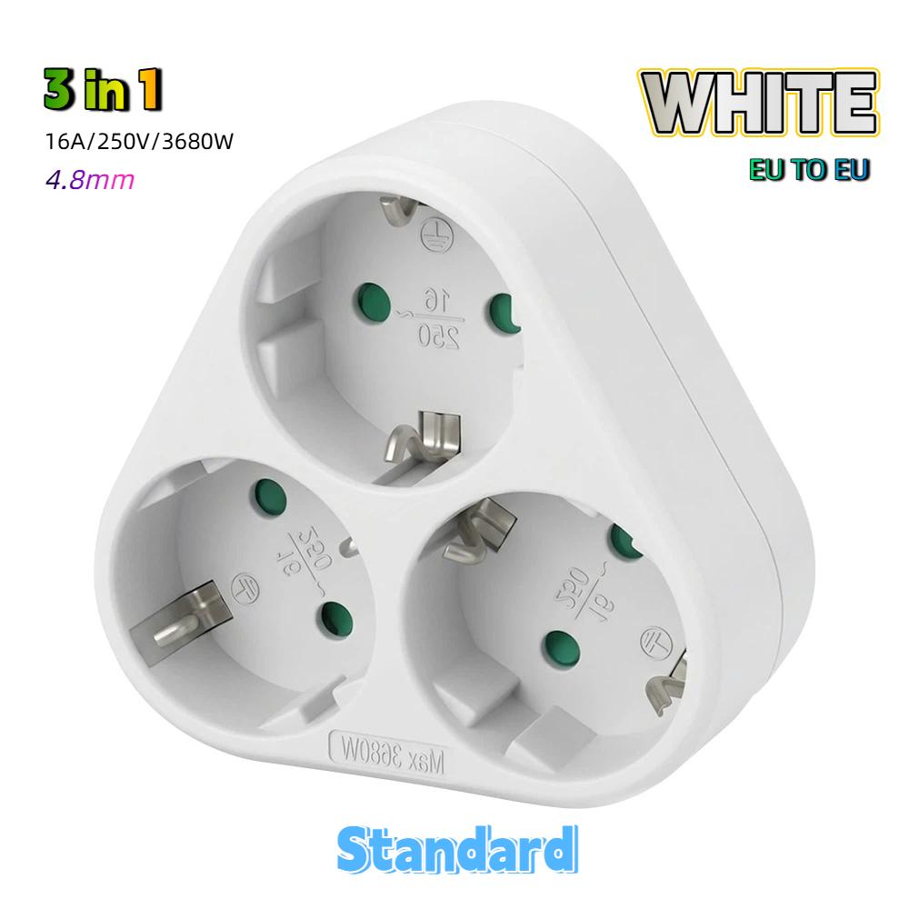 EU Type F 3 Way Power Strip, 16A Cordless Outlet Splitter, Wall Plug Adapter with 4.8mm Pins, 3680W Max for Europe & Russia