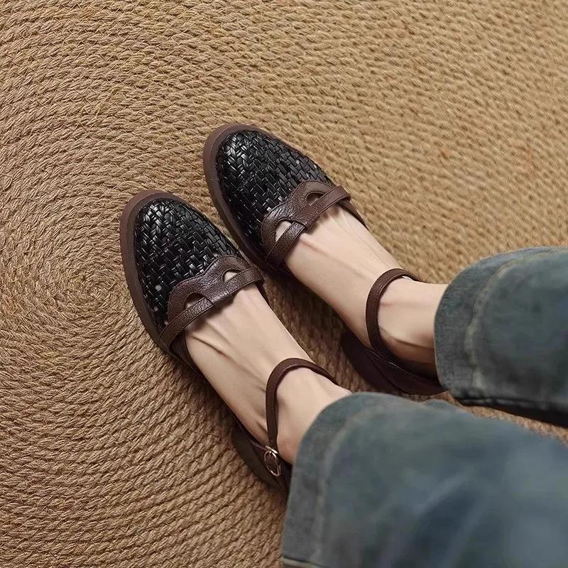 Мода Мода Ретро Плетеные Вырезы Высокий Каблук Босоножки Летние Новые Круглый Носок Мелкий Вырез Блочный Каблук Обувь Женская