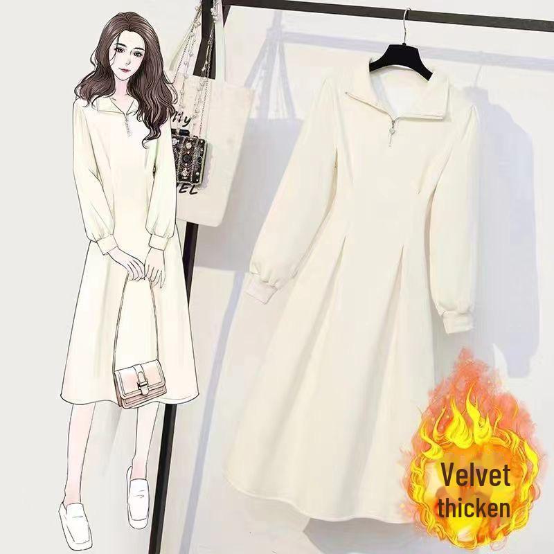 Женское платье-свитер на молнии в корейском стиле больших размеров - плотный бархат, однотонный, повседневная длинная юбка на осень/зиму