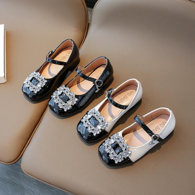 Korean Style Rhinestones Large Buckle Princess Shoes Shallow Mary Janes Hook & Loop Children's Fashion Party Wedding Shoes Flat