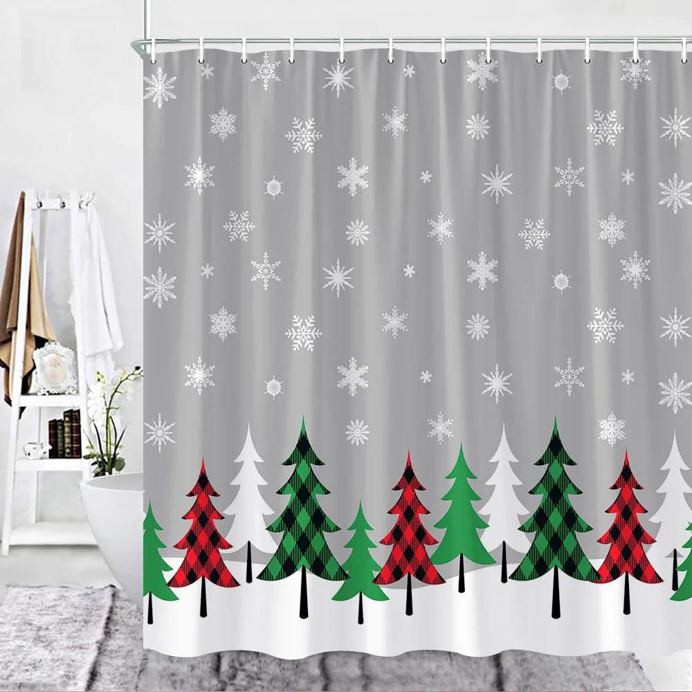 Рождественский комплект занавесок для душа Красные занавески для ванной комнаты Буффало Клетчатые рождественские елки Снежинки Снег Новогодний декор Ткань Крючки для одежды