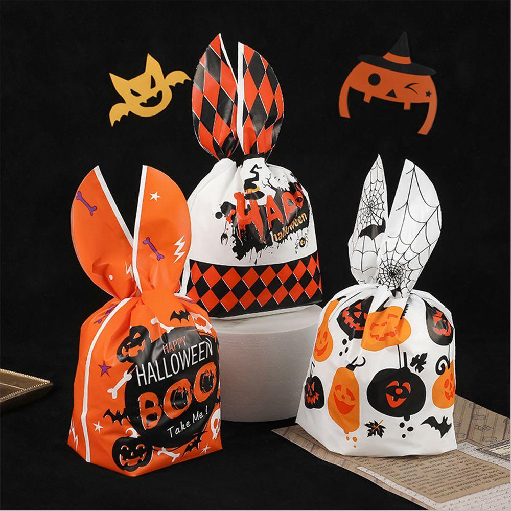 50Pcs Bat Pumpkin Halloween Decoration Cookie Bag Rabbit Ear Halloween Candy Bags Baking Packaging