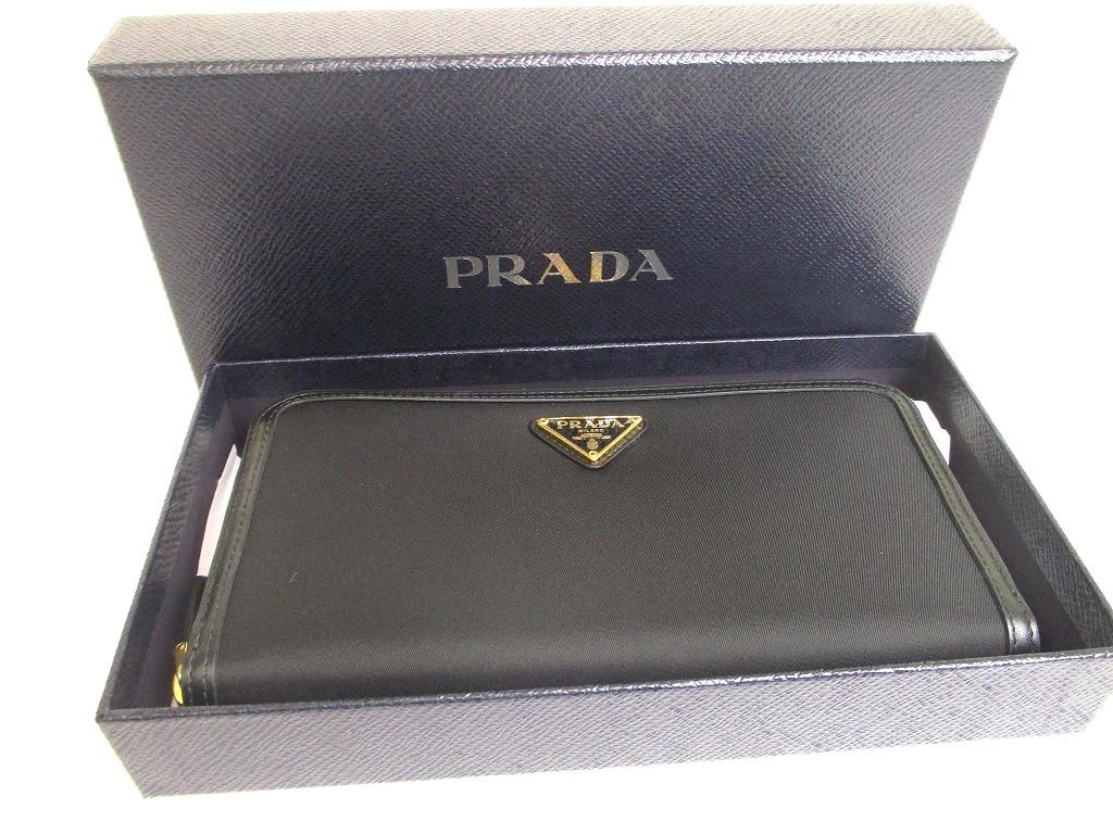 Authentic PRADA Black Nylon Leather Gold H/W Round Zip Long Wallet #a570 Open box