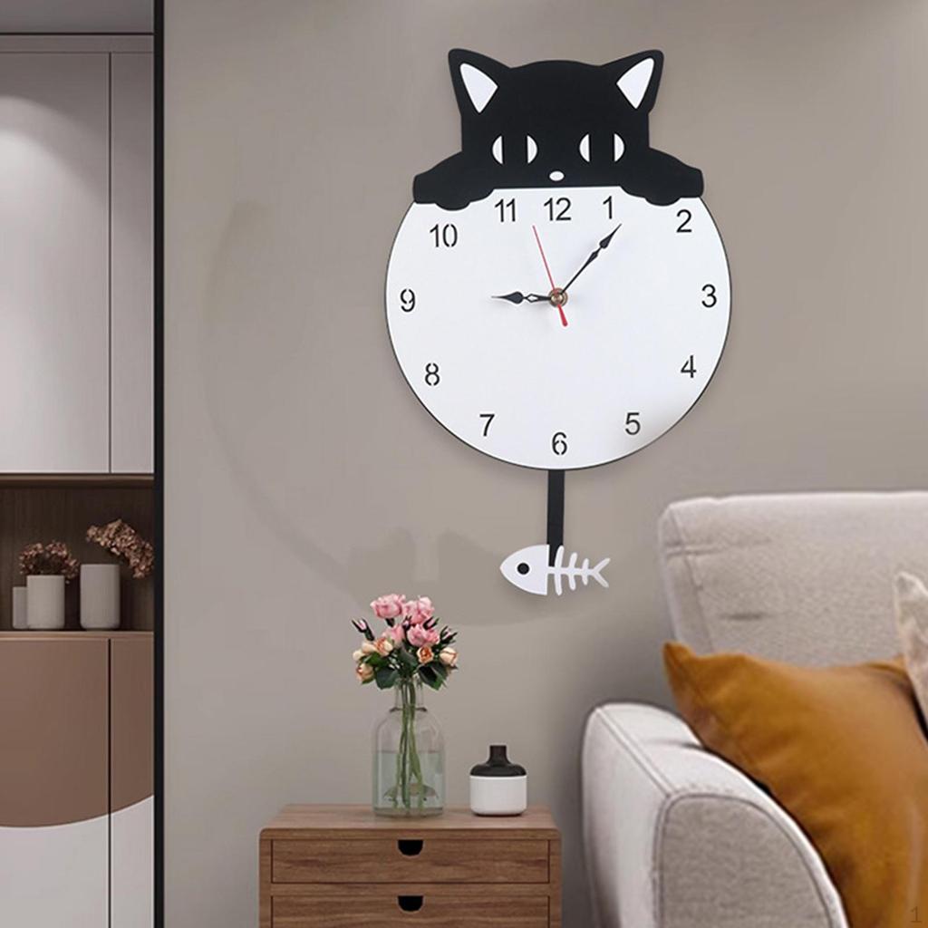Cat Pendulum Wall Hanging Clock Silent Acrylic Modern Ornament Decorative for Living Room