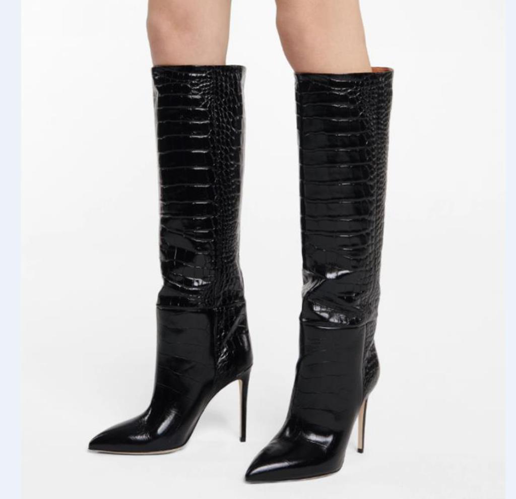 Krazing Pot Осенне-зимняя обувь из микрофибры на очень высоком каблуке, большой размер 46, для ночного клуба, женские, сохраняющие тепло, с узорами из камня, сапоги до колена