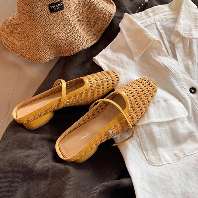 Ретро плетеные полые квадратные сандалии на толстом каблуке мюли женские летние уличные туфли с открытой пяткой