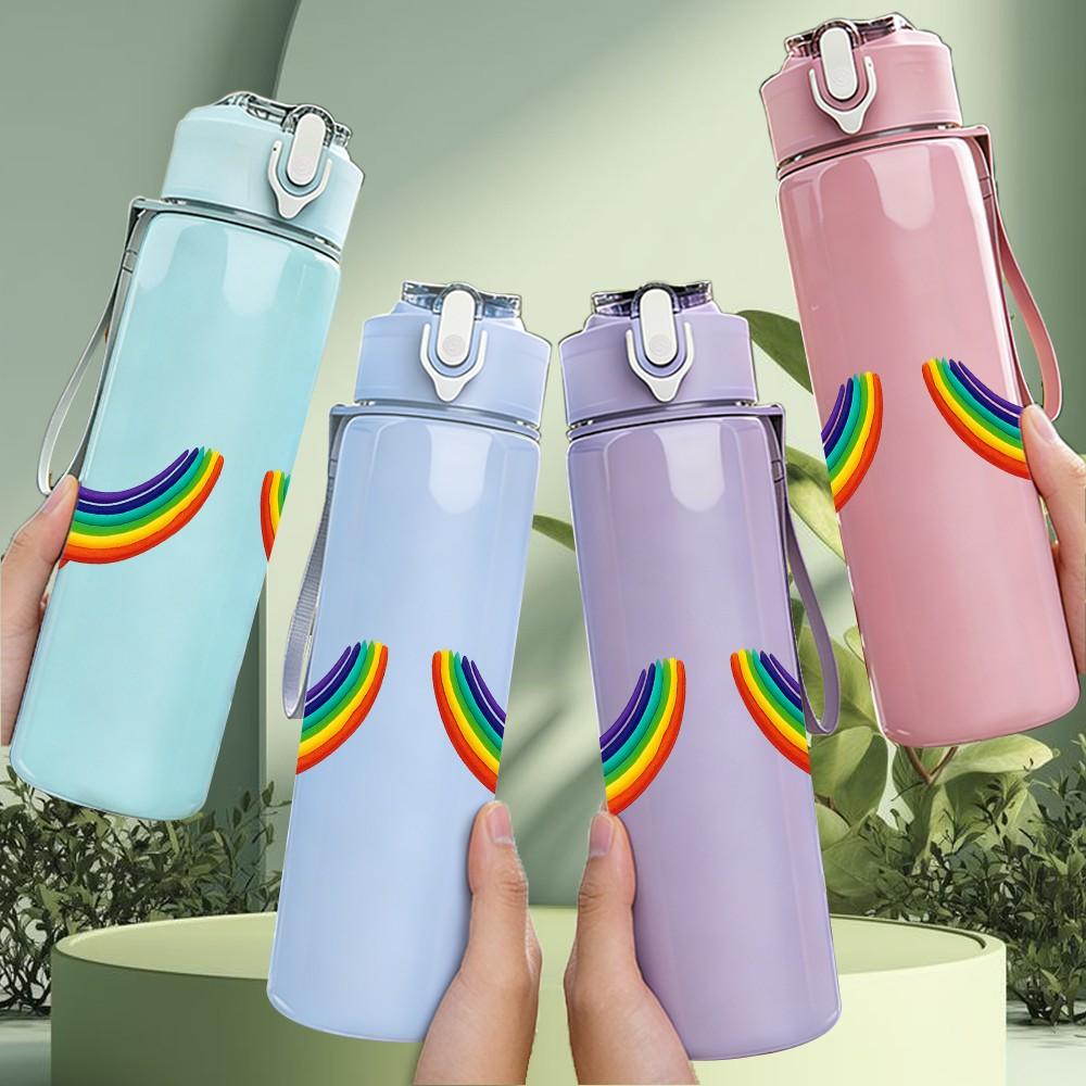 1PC Twin Rainbow Retro Stripes Print 750ml Color Plastic Sports Water Bottle Leakproof Flip Straw Lid Suitable for Sports Office Home Use