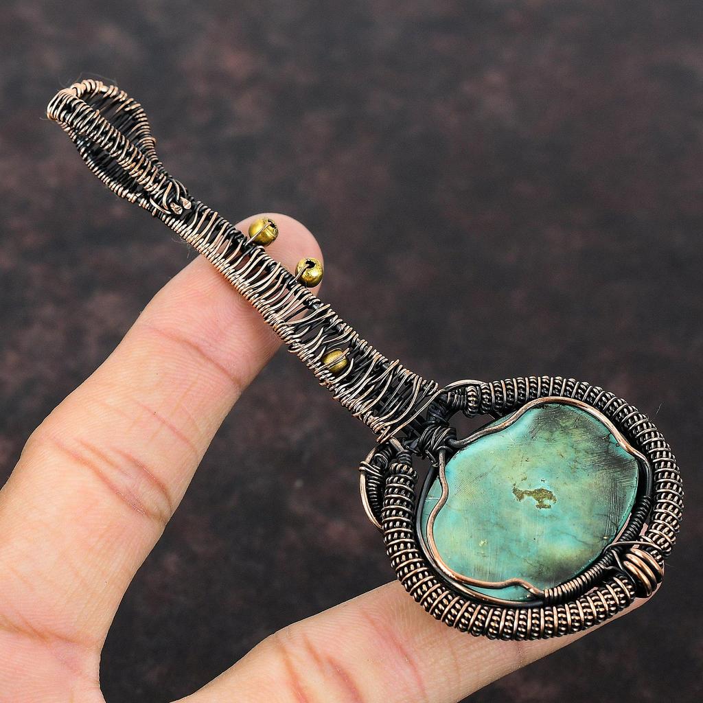 Тибетский бирюзовый кулон, обернутый медной проволокой, драгоценный камень, уникальный медный проволочный ювелирный кулон, ручная работа, гитара, бирюзовый ювелирный подарок