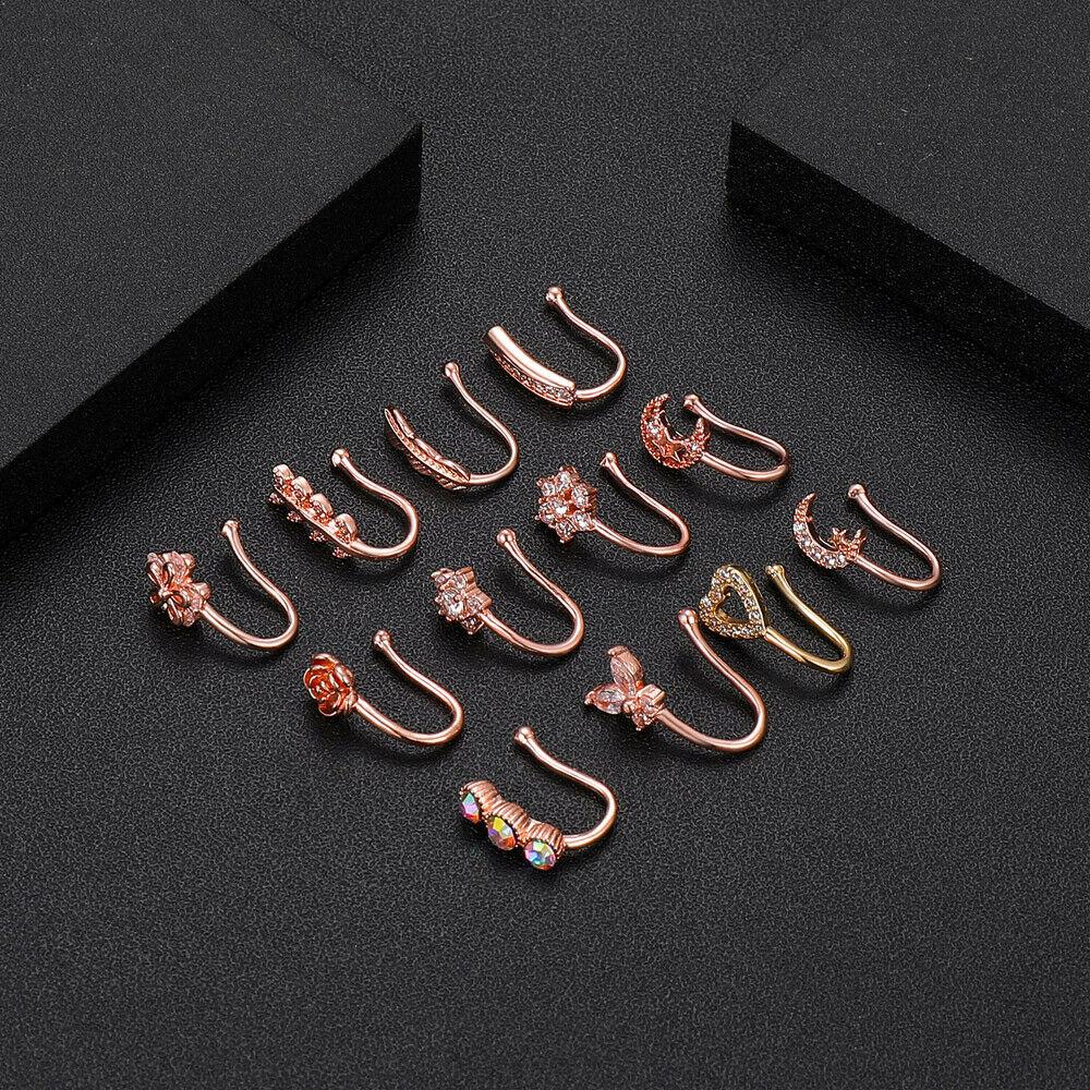 12Pcs/Set 18G Gem Non Piercing Nose Clip Fake Nose Ring Septum Cilp On Piercing