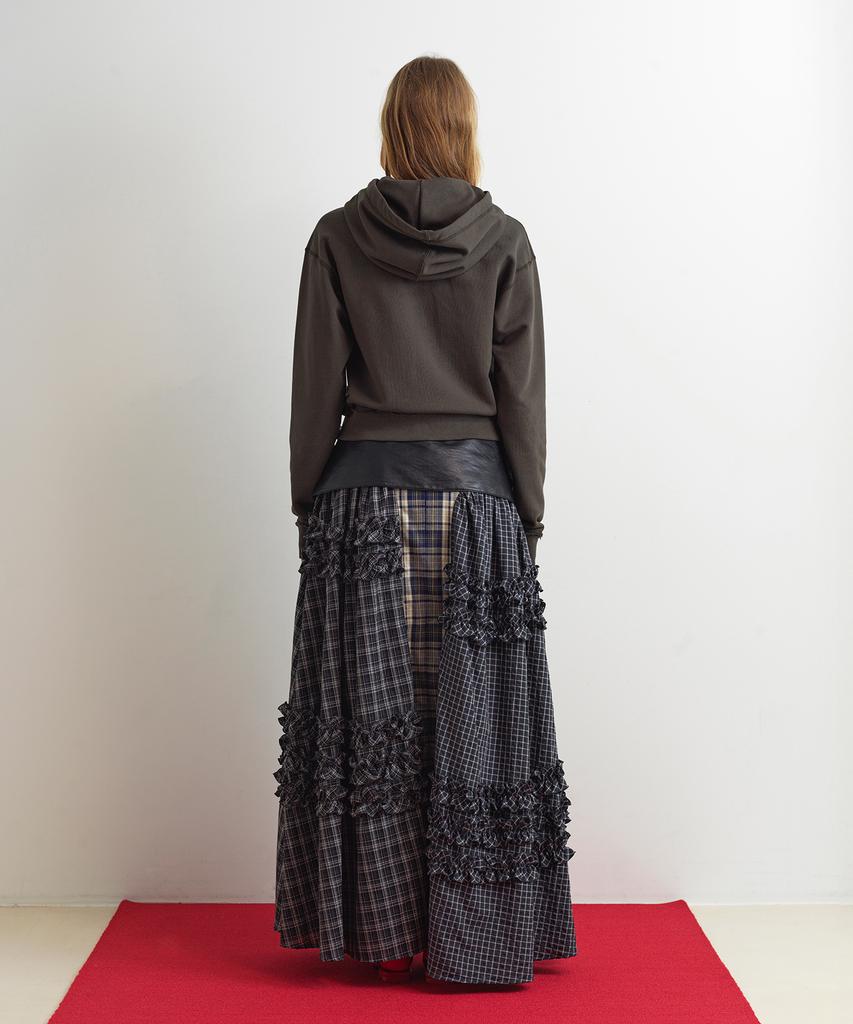 Aobteu Unbalance Frill Maxi Skirt - Check
