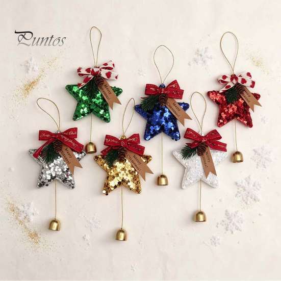 Hanging Holiday Decor Glitter Star Bell Ornaments, Sequin Decoration with Bow Pine Sparkly Party Decorations Cone, Christmas Tree Pendant for
