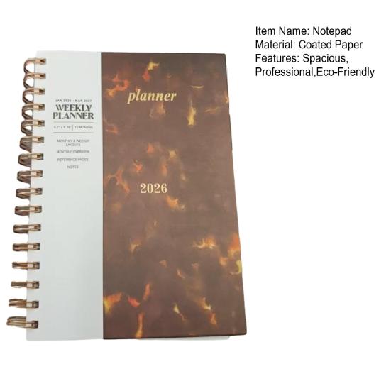 Большой блокнот-планер на спирали на 2026 год с полностраничным еженедельным и ежемесячным разворотом, органайзер на 15 месяцев учебного года, твердая обложка, профессиональный офисный планер.