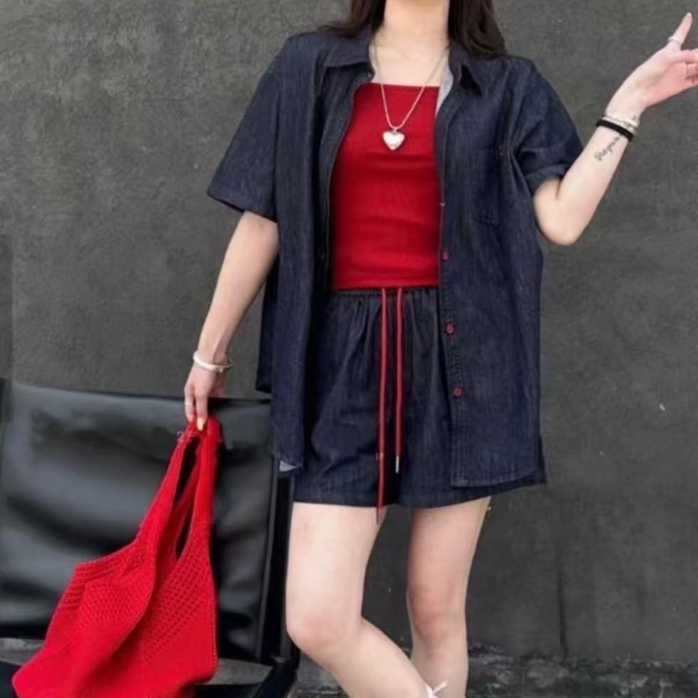 Женский ретро летний 2025 комплект из трех предметов: миниатюрные джинсовые шорты - стильный, модный и легкий