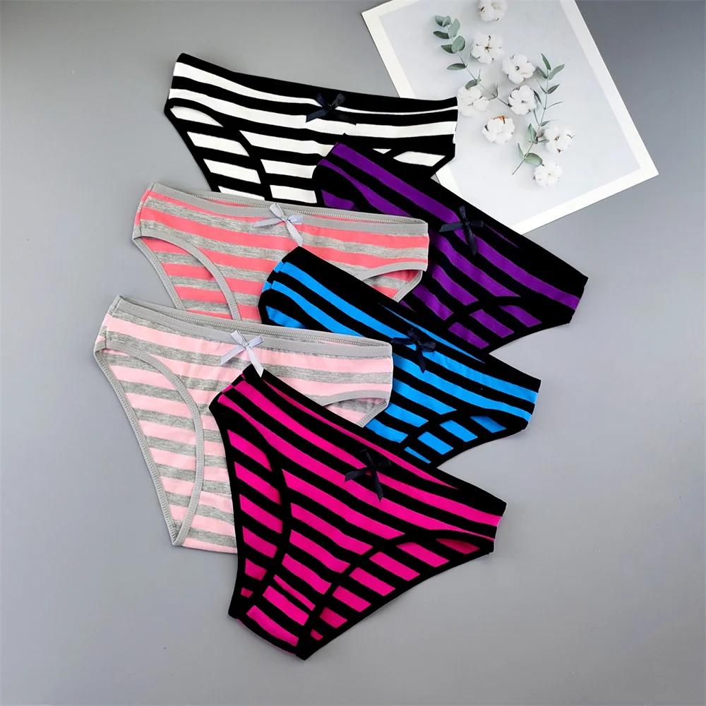 6PCS Women Cute Sexy Stripe Cotton Underwear Panties Bow Bikini Brief Lovely Girls Cotton Lingerie M/L/XL
