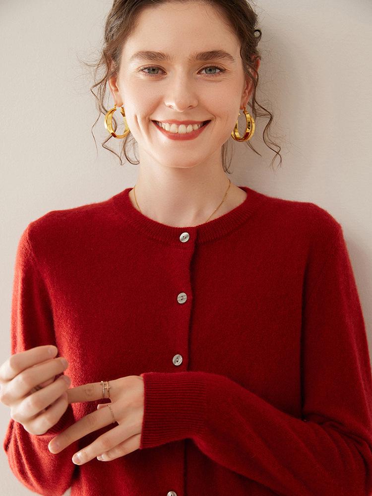 Women's Medium-Thick Cashmere Round Neck Single-Breasted Cardigan Sweater - Spring/Autumn