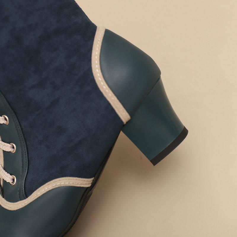 2024 Осень Зима Ретро Женские Ботильоны Смешанные Цвета Косплей Ботинки ПУ Пэчворк Флок Удобные Массивные Каблуки Обувь