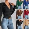 Autumn Spring Women Sexy Deep V-Neck Long Sleeve Solid Tops Blouses Women's Slim Elegant Streetwear Top Femme Blouse