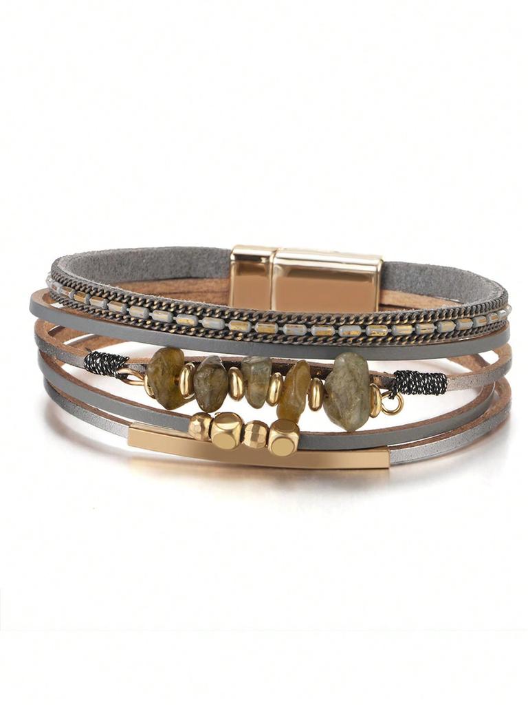 One Piece European and American Style Natural Stone Beaded Brass Tube Design Cowhide Rope Women Green Bracelet Summer Beach