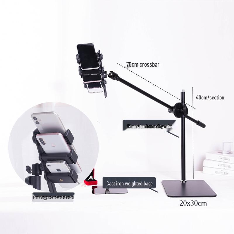 Cantilever Multi-Camera Floor Stand with Long Arm for Top-Down Shots & Multi-Platform Phone Holder in Mirror Live Streaming & Photography
