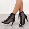 Sexy High Heel Sandals Woman Shoes Pumps New Fashion Show Black Net Fabric Cross Strap Lace Up Peep Toe Casual Mesh Sandals