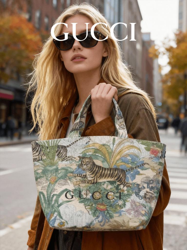 Gucci Холщовая сумка-тоут с тигровым принтом - одноплечевая сумка, сумка кроссбоди в стиле ретро-джунглей, для шопинга - модный и легкий предмет роскоши