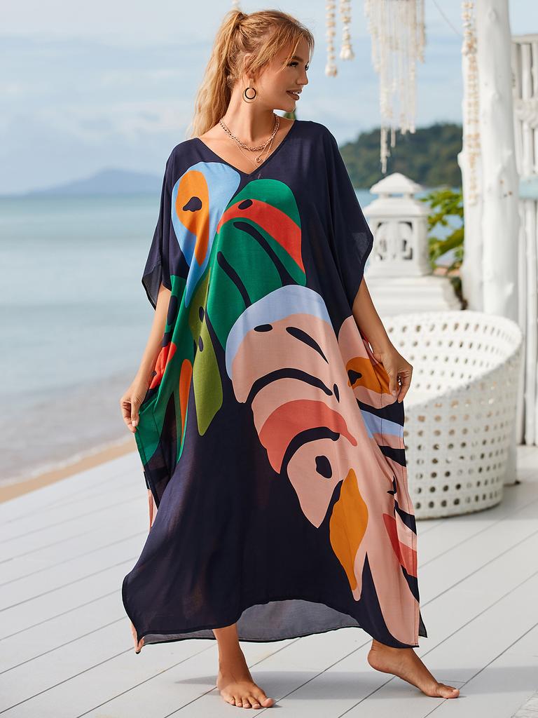 Maxi Dresses Leaf Printed Black Background Women Beach Kaftans Cover Ups for Swimwear Summer Holiday Bathing Suits