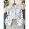 Vintage Court Style Blouse for Women Flounced Edge Hollow Out Lace Patchwork Long Lantern Sleeve Shirts Female Blusa Dropship