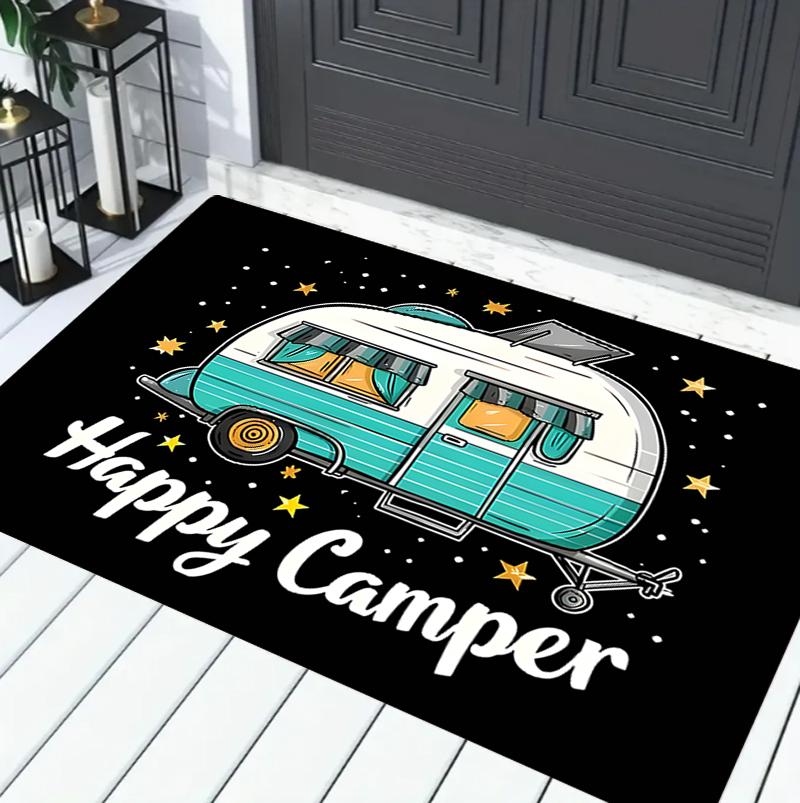 Happy Camper Welcome Mat - Non-Slip Rustic Entryway Rug - Charming Forest Camping Theme Indoor Floor Carpet Decor
