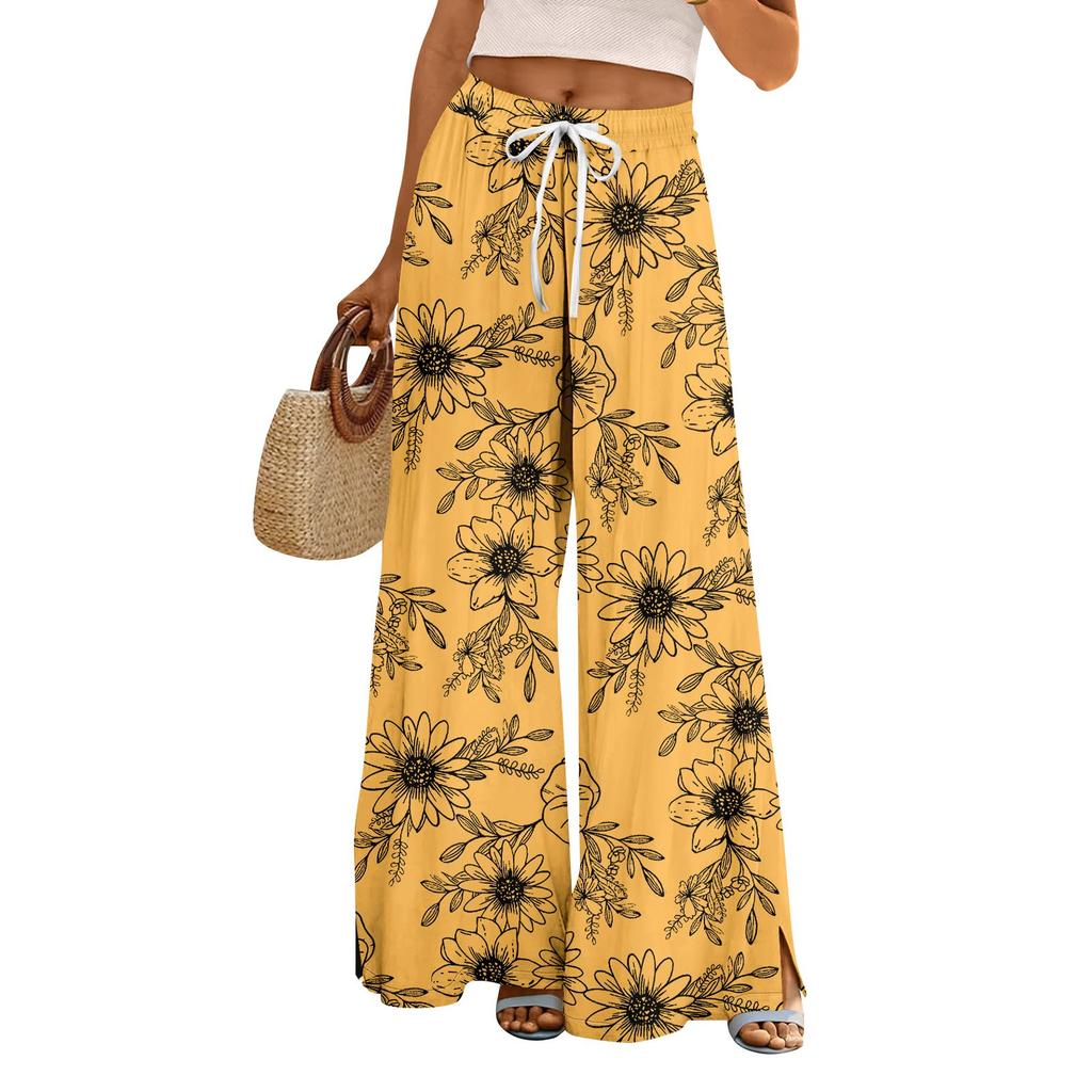 Женские летние брюки-палаццо в стиле бохо с высокой талией, широкие повседневные брюки с цветочным принтом и карманами