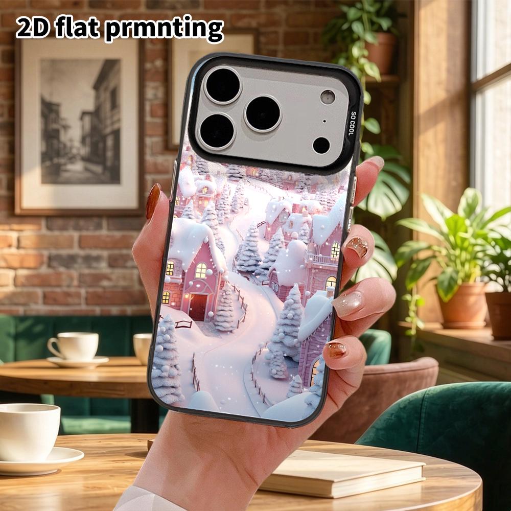 Чехол для телефона: 2D плоский дизайн для iPhone 13 Pro, 14, 15, 16, 17, 18, цвет серебристый, стиль для пары, снежный город, идеальный подарок на Рождество и Хэллоуин