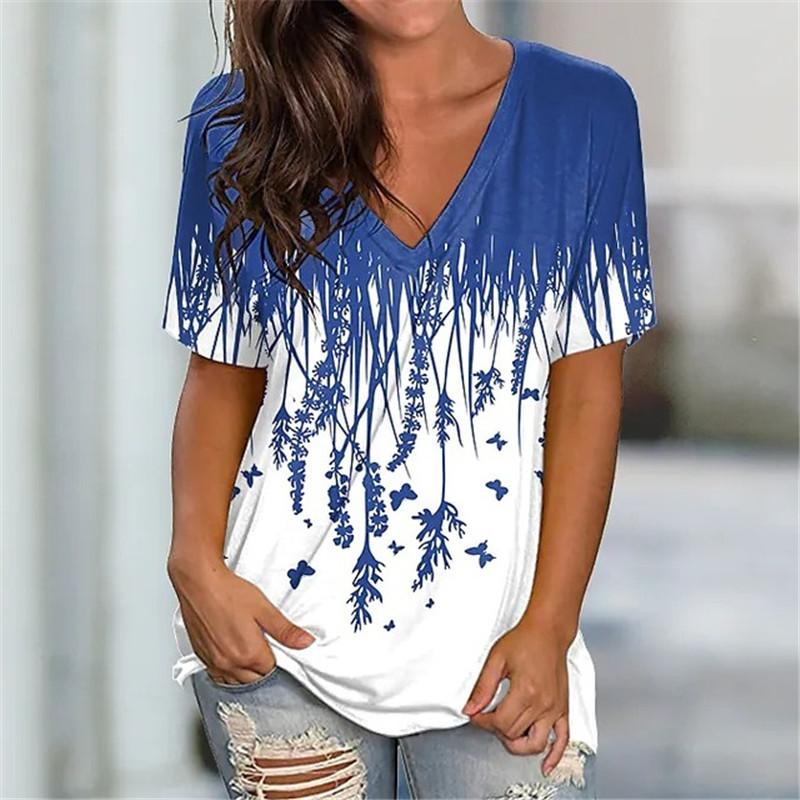 Plant&Flowers Pattern Women Streetwear T-Shirts Short Sleeve Loose Casual Summer Tops 3D Printed V-Neck Ladies Tees Oversized