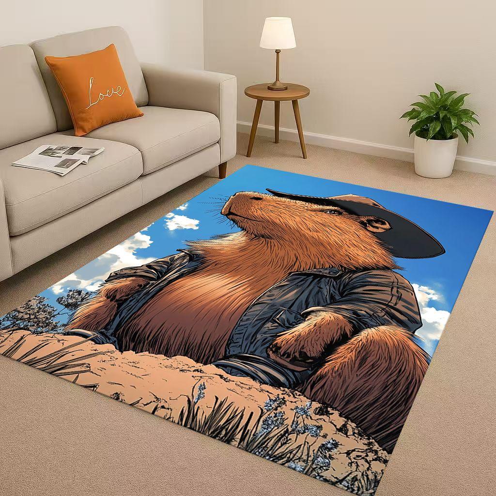 Kawaii Capybara Art Cartoon Living Room Non-Slip Area Rug Soft Carpet for Bedroom Playroom Sofa , Easy Clean Home Decor Doormat