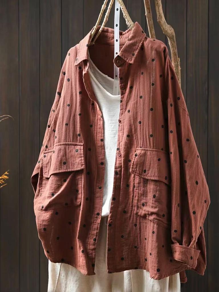 Johnature Женские рубашки в горошек, топы, блузки с отложным воротником, весенние пуговицы, длинные рукава, карманы, женские рубашки