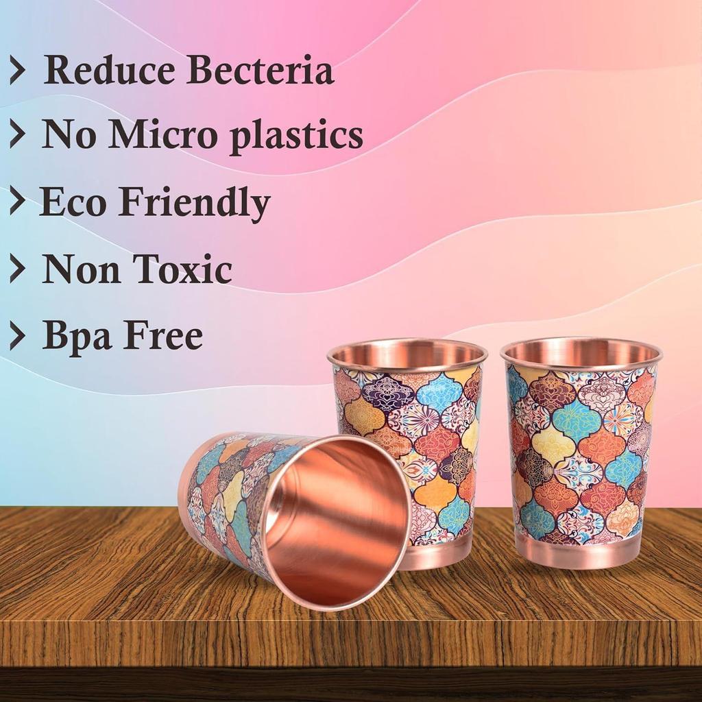 Copper Printed Design 250ML Water Glass with Rust Proof Protection for Home and Office Use Ayurveda and Yoga Health Benefits Glass Set of 6