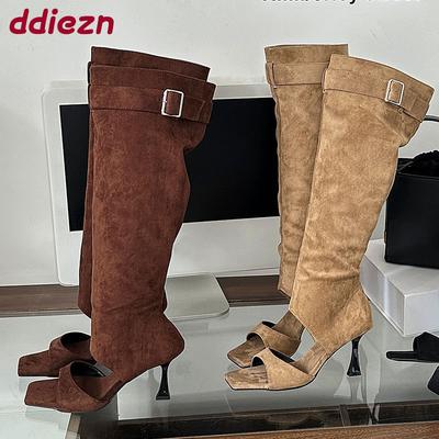 Мода Мода Флок Женские Сапоги до Колена на Тонком Каблуке Обувь Женская С Открытым Носком Обувь Квадратный Носок Женские Босоножки на Каблуке Сапоги Обувь