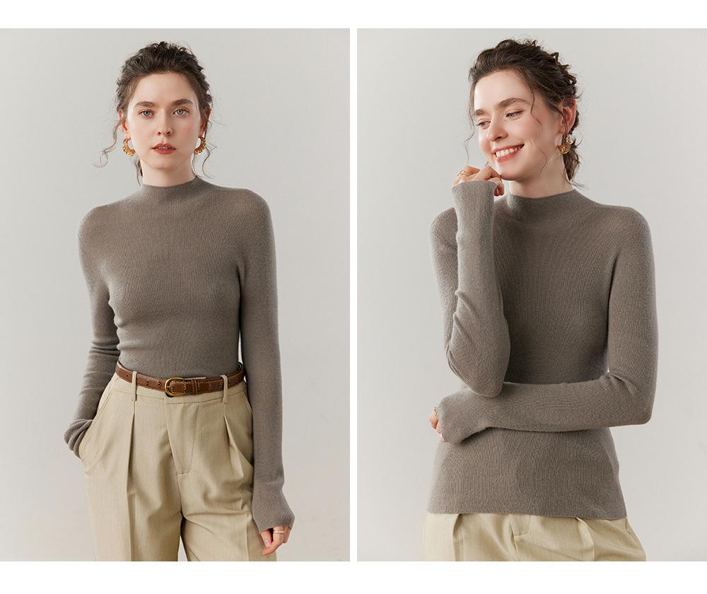 Velvet Seamless Slim-Fit Cashmere Sweater, Thin Knit, Half-High Neck, Skin-Friendly, Autumn/Winter Base Layer.