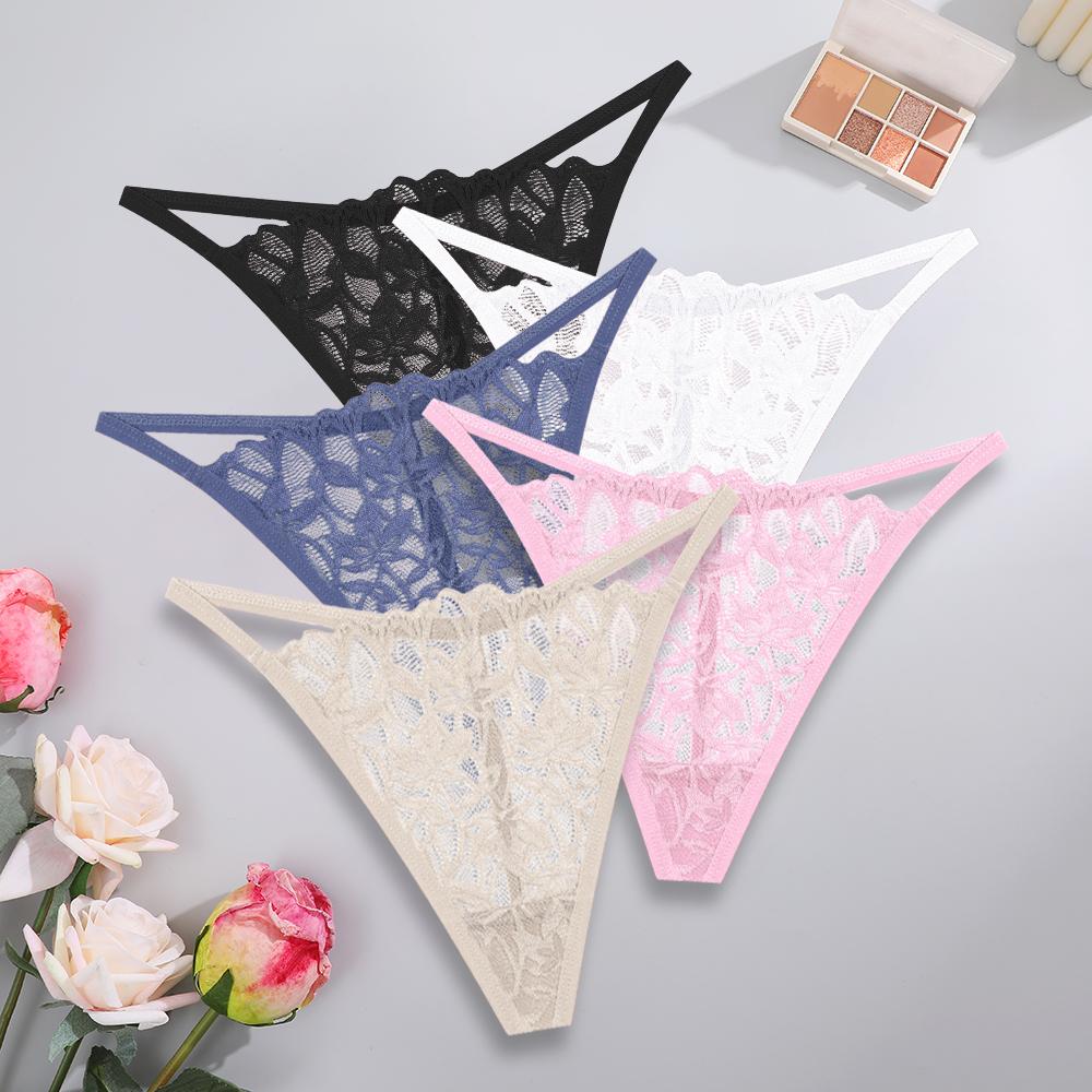 5PCS/Set Women Sexy Lace Thongs G-String T-Back Underwear Female Breathable Underpants Floral Lace Solid Color Panties S-XL