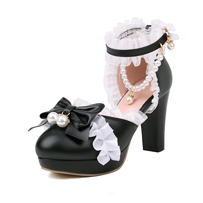 Туфли-лодочки Лолита с ремешком на щиколотке, с круглым носком на платформе, на высоком каблуке Kawaii, женская обувь с пряжкой и бантом из бисера, весна-осень