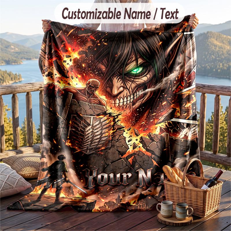 Personalized Flannel Throw Blanket,Attack on Titan Custom Printed Name, Cozy Plush Blanket For Home Use