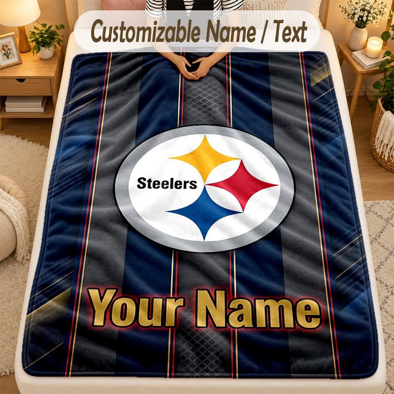 Flannel BlanketPittsburgh Steelers Custom Name Text Personalized Soft Warm Throw Blanket Home Decor Gift