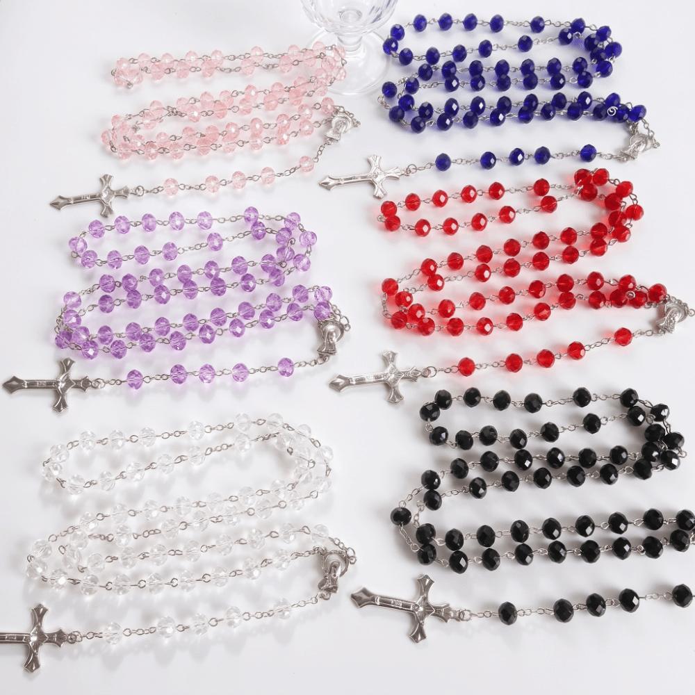 8mm Beads Cross Pendant Necklace Long Chain Crucifix Pendant Chain Jewelry Accessories