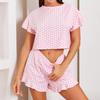 Летний розовый пижамный комплект с принтом в виде сердца для женщин, домашняя одежда, повседневный сексуальный свободный укороченный топ с коротким рукавом и шорты, комплект из 2 предметов, одежда для сна